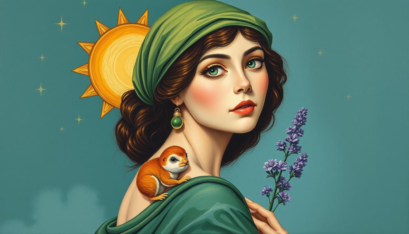 Main art studio: LA DONNA DELLA CIVETTA Dipinto a olio su tela, formato verticale 50x70 cm. Una donna dagli occhi verde smeraldo porta una piccola civetta sulla spalla