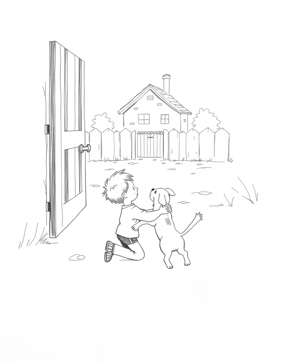 Main art studio: Black and white pencil sketch, simple hand-drawn style. A little boy has just opened the gate and come home. His dog runs toward him excitedly, jumpin