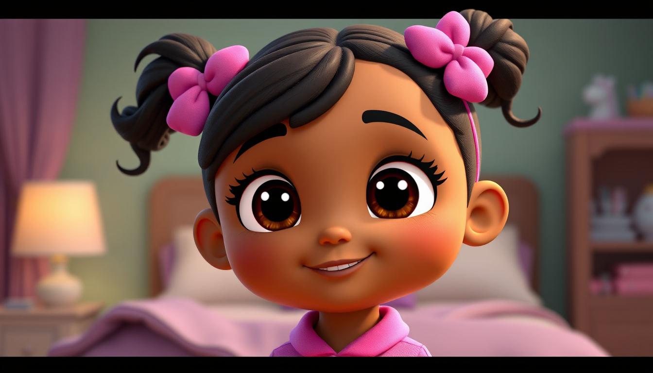 Main art studio: Cute 8-year-old cartoon girl named Mia, brown skin, big expressive brown eyes, black curly hair in two puff ponytails, pink pajamas, playful facial ex
