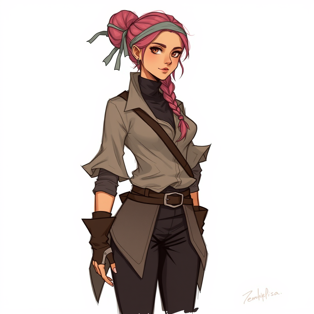 Main art studio: Fantasy concept art style, sketchy messy art style, pommeplisa on twitter art style, Adult woman thief, dusty pink braided bun hair, tanned skin, vino