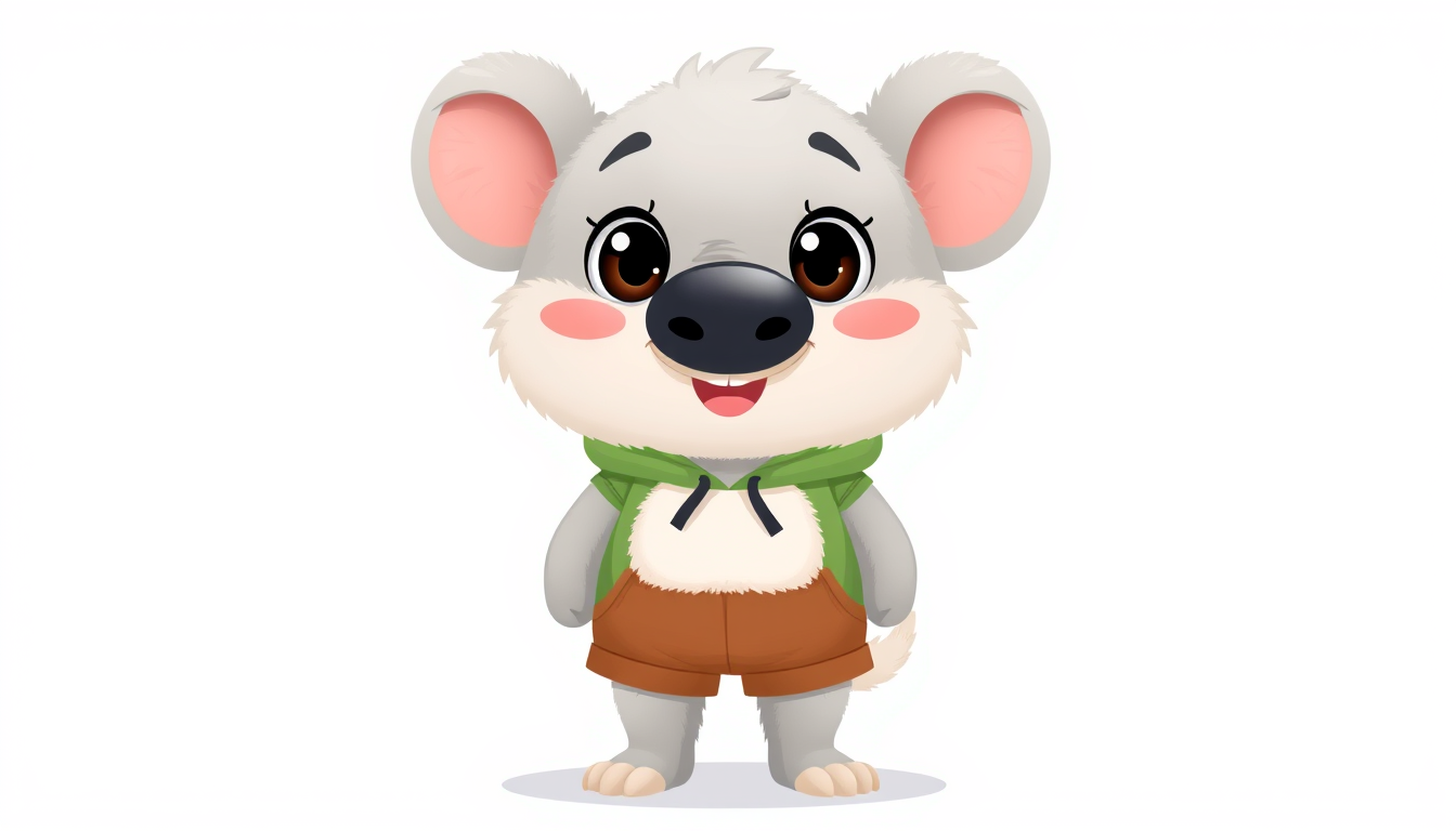 Main art studio: A cute 2D cartoon lazy character, standing upright like a human. Light gray fluffy fur, big round fluffy ears, a large black oval nose, big expressive