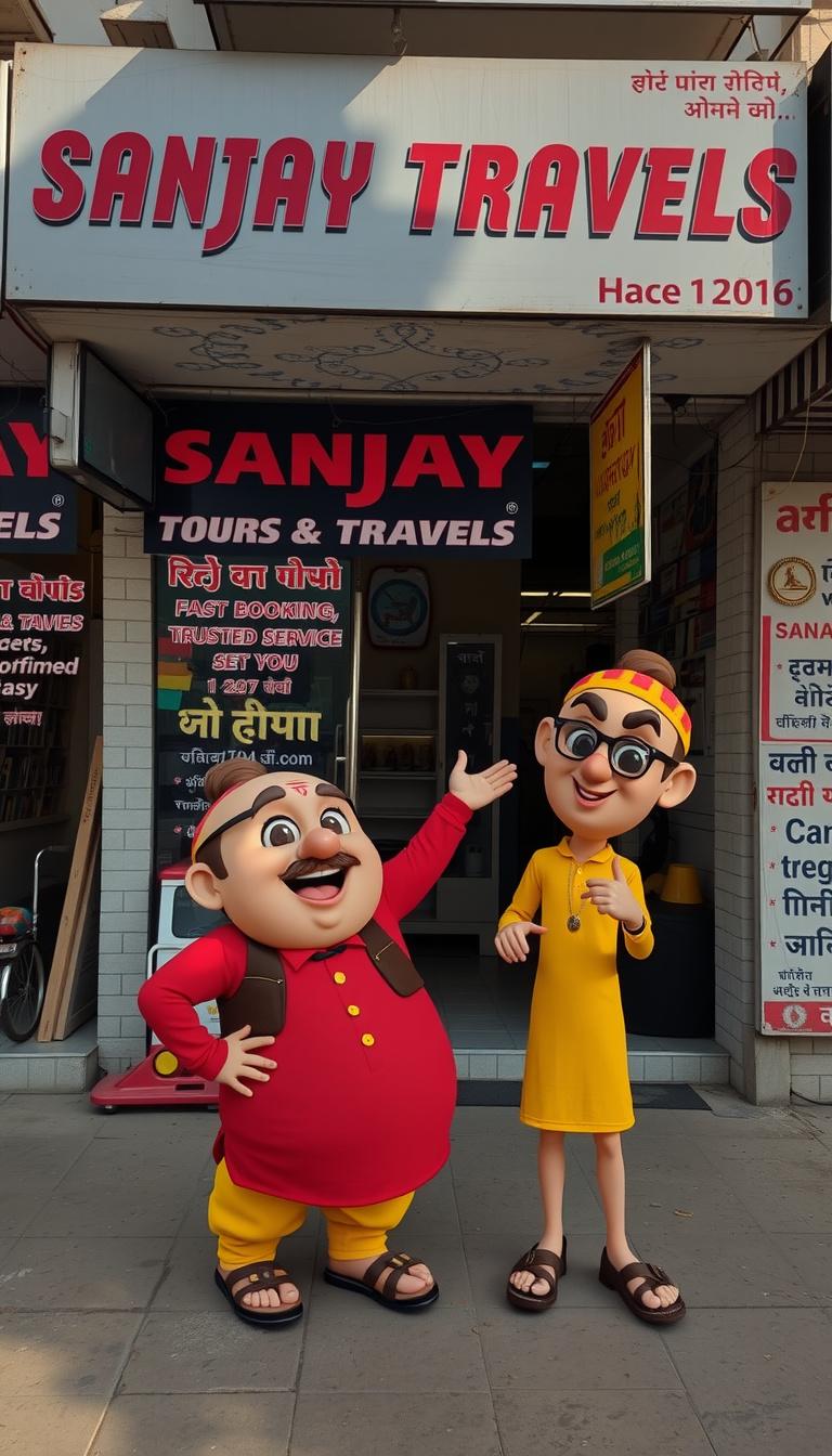Main art studio: Use the uploaded Motu & Patlu image as the exact character reference and the Sanjay Tours & Travels image as the exact location. Preserve both exactly
