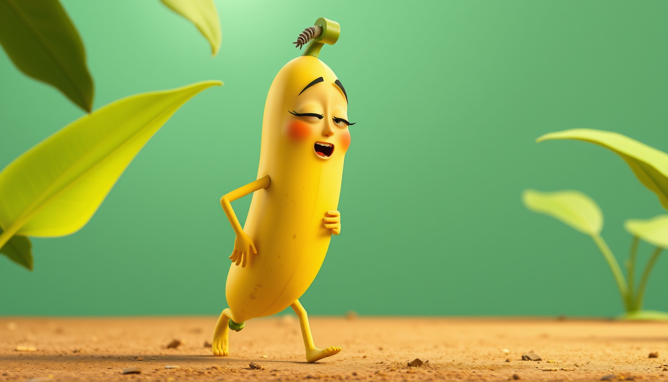 Main art studio: The banana mother walks, blinks, moves her arms and talks naturally. Smooth realistic movement, expressive face, 3D animated movie style.