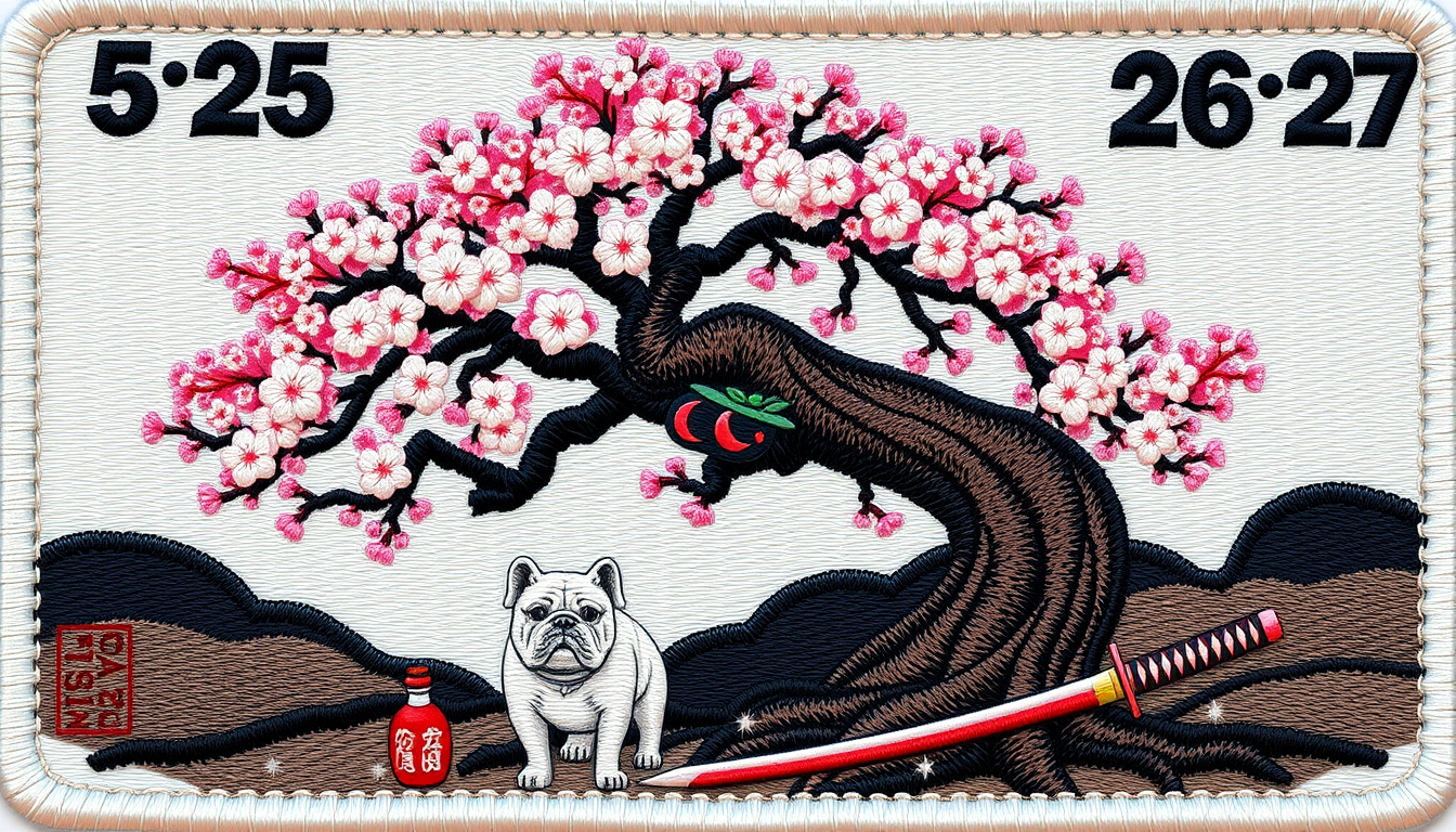 Main art studio: Military patch that at the top it says 525. At the bottom it says 26•27. The main piece is japanese art style of a cherry blossom tree where the trunk