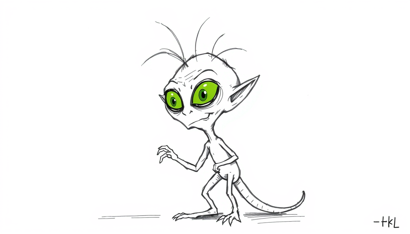 Main art studio: 2D HAND-DRAWN CARTOON. The SAME young Qllose alien with a messy MULLET reacts dramatically to the captain. EXACTLY THREE SEPARATE EYES: LEFT, CENTER,