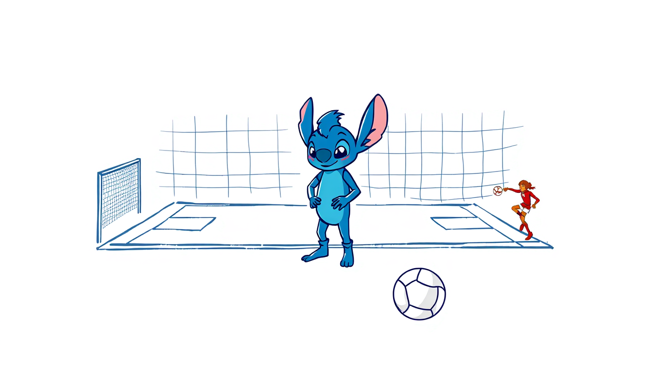 AI Art prompt example created from the prompt: Dibujo escolar sencillo y creativo, personaje azul tierno de fantasía en el centro, dividido en dos partes: cancha de fútbol con portería y