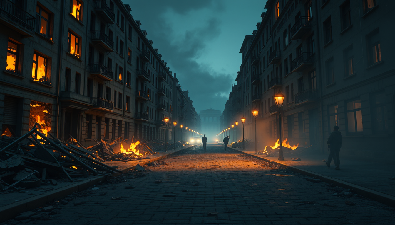 Main art studio: Wide cinematic 3D animated view of a devastated Berlin street at night, late April 1945, burning debris glowing along the sidewalks, ruined apartment