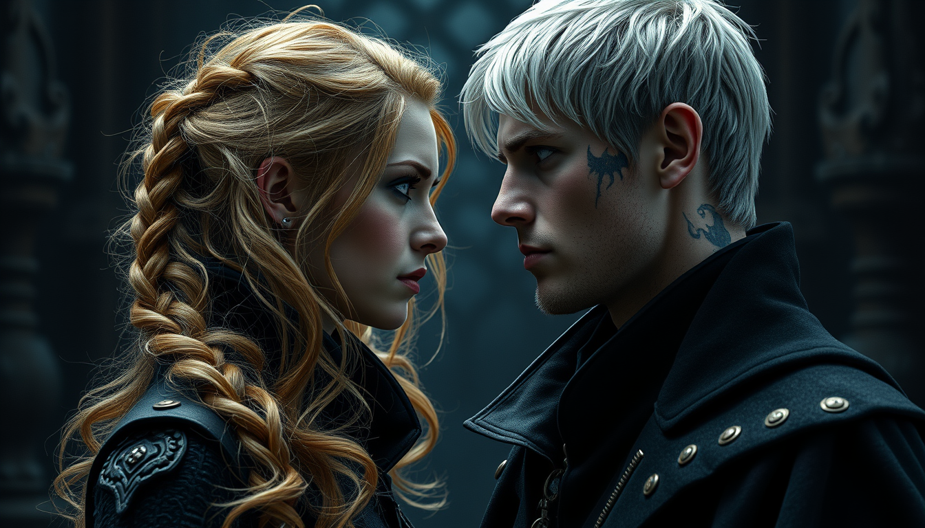 Main art studio: “Dark fantasy romance scene. A guarded female assassin with strawberry blonde wavy hair in a braid, one ocean blue eye and one thunder grey eye, stand