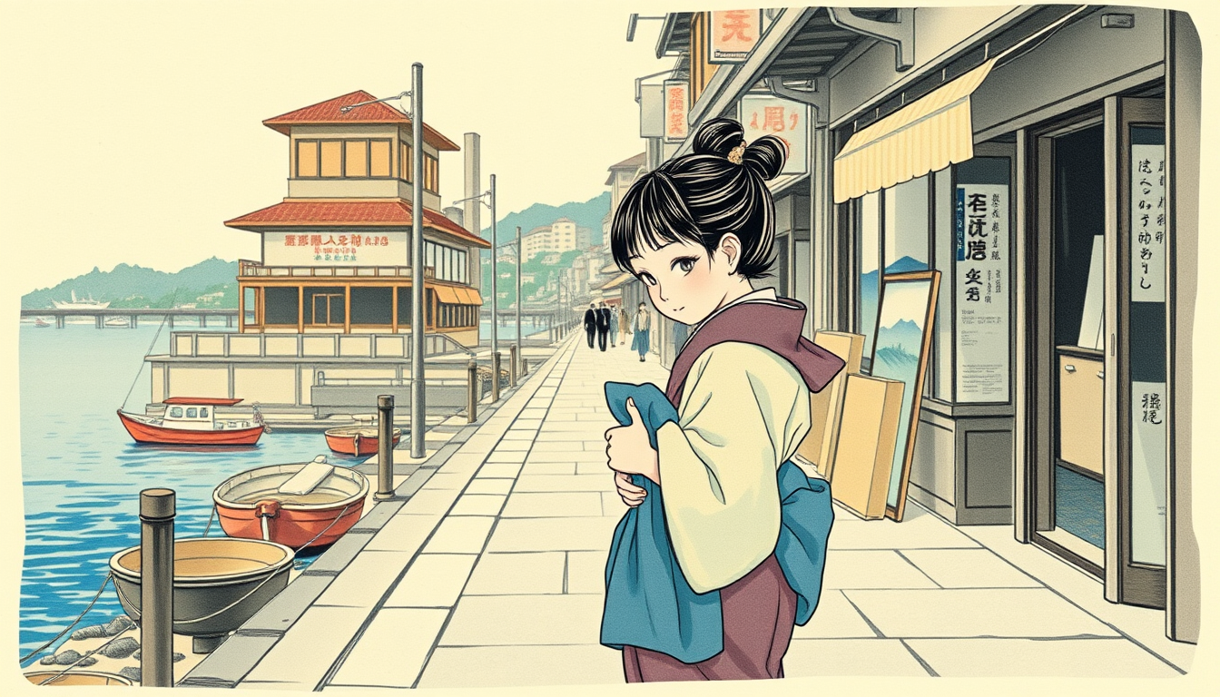 Main art studio: A little Japanese girl is walking along a street past old shops, the beach can be seen as well as the docks below with boats in the water. She is carr