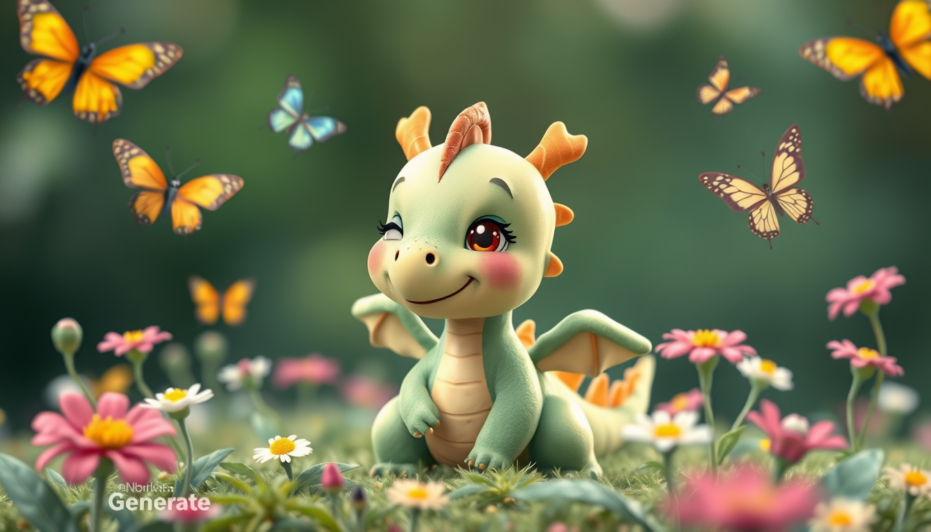 Main art studio: The cute baby dragon slowly flaps its tiny wings, blinks its big shiny eyes, smiles happily, and looks around while colorful butterflies gently fly ar
