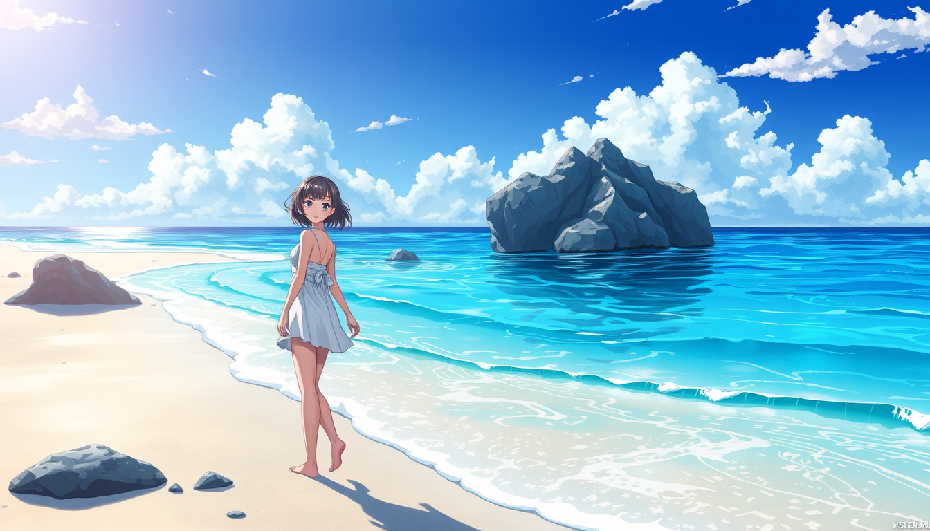 Main art studio: anime adult woman standing on beach