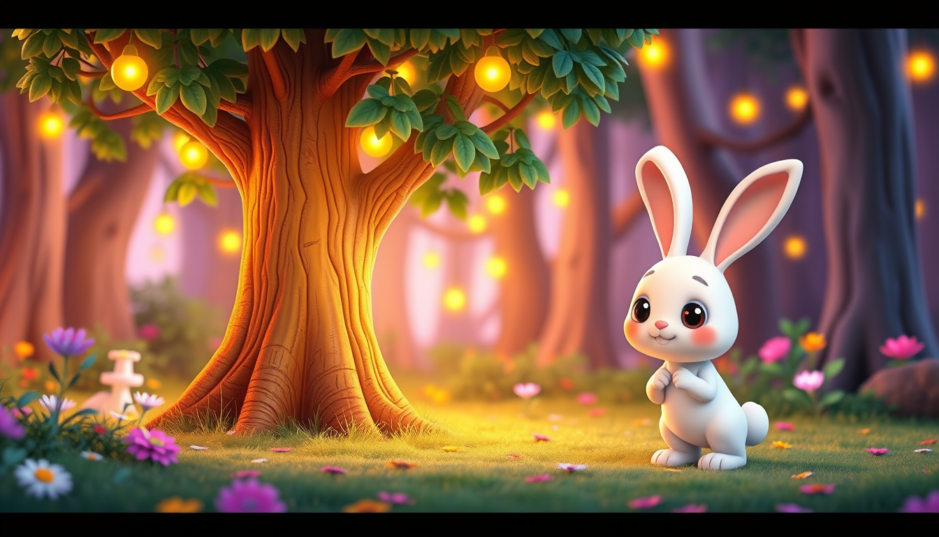 Main art studio: Cute little white bunny in a magical colorful forest, standing beside a glowing tree, 3D cartoon style, cheerful children's animation, bright colors, 