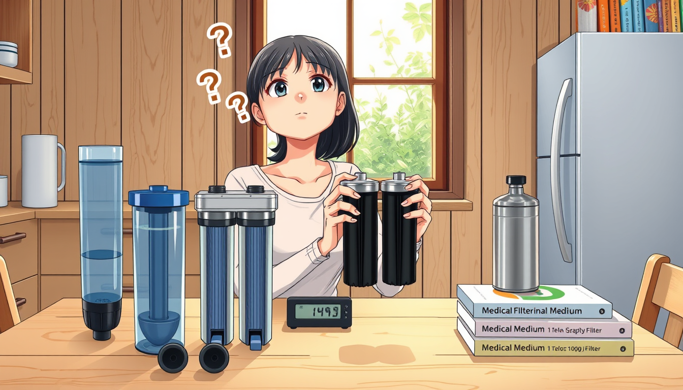 Main art studio: Friendly, realistic editorial illustration, not anime or Japanese comic style. Natural wood kitchen, woman holding two black gravity-filter cartridges