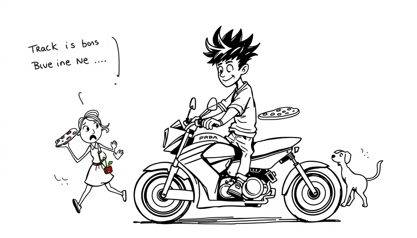 Main art studio: Einfache schwarz-weiße Tuschezeichnung / humorvolle Karikatur: Ein Junge mit wildem schwarzem Wuschelhaar fährt auf einem Motorrad. Während der Fahrt