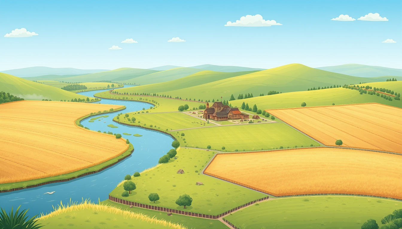 AI Art prompt example created from the prompt: Child-friendly flat illustration of a Stone Age landscape in bird’s-eye view, landscape format. A river winds from the top left to the botto