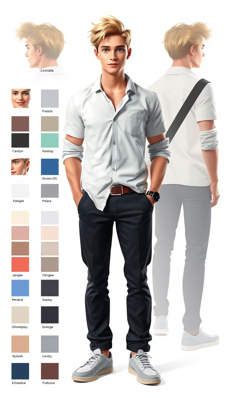 Character Sheet idea: a visual character reference sheet with a dominant full-body view, controlled details, palette swatches, and supporting expressions or accessories, de