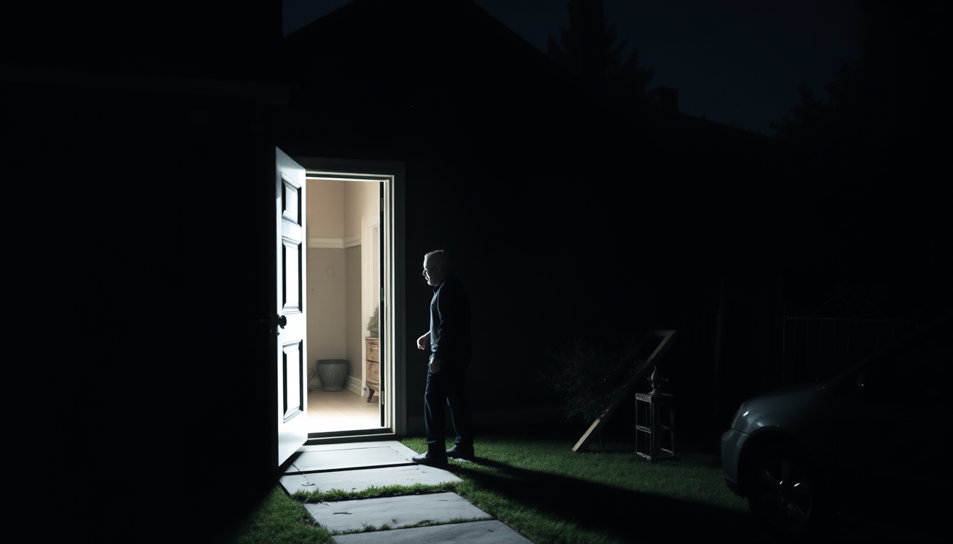 AI Art prompt example created from the prompt: A man comes home at night. He notices the door is open. He enters and sees something shocking…”