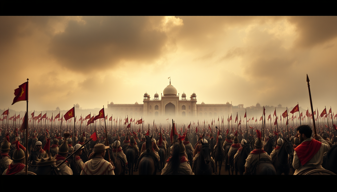 Main art studio: Scene 8 — Military Power Prompt: A large Mughal army preparing for a historical battle in 16th-century India, cavalry soldiers on horses, infantry car