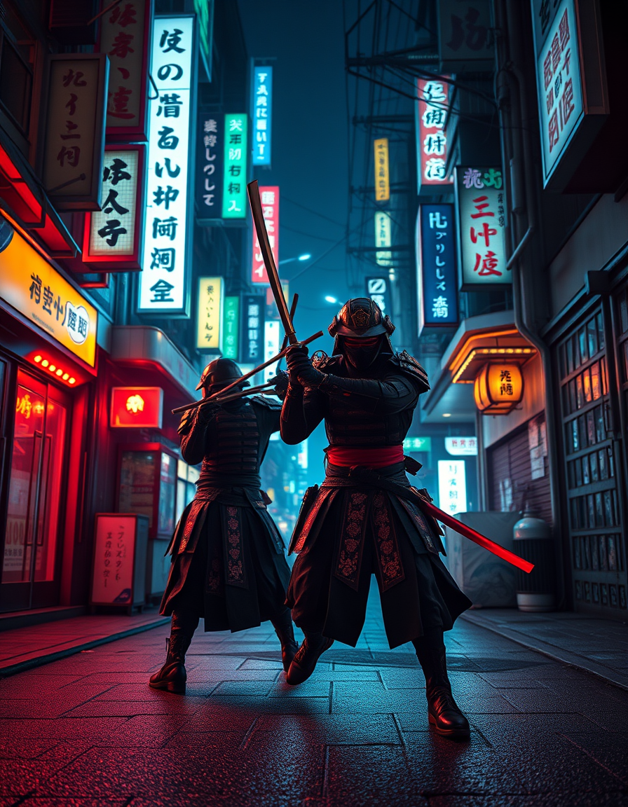 Main art studio: crie uma hitstória em 8 quadros de uma batalha cyberpunk samurai in neon-soaked Tokyo alley, 4k, cinematic. mescle entre plano detalhe, plano médio, p