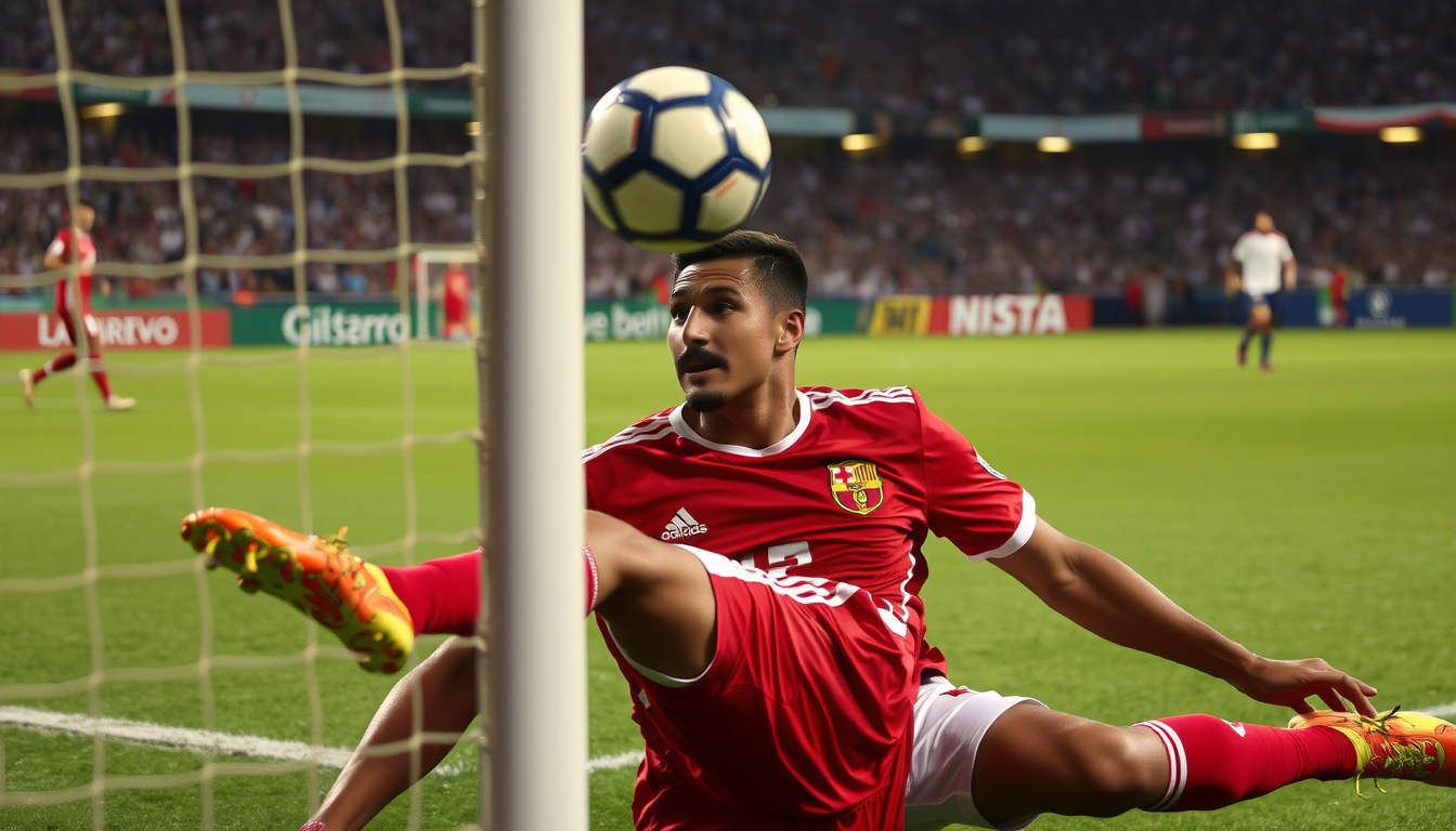 Main art studio: crie uma imagem de um jogador fazendo o gol descesivo da final da copa do mundo