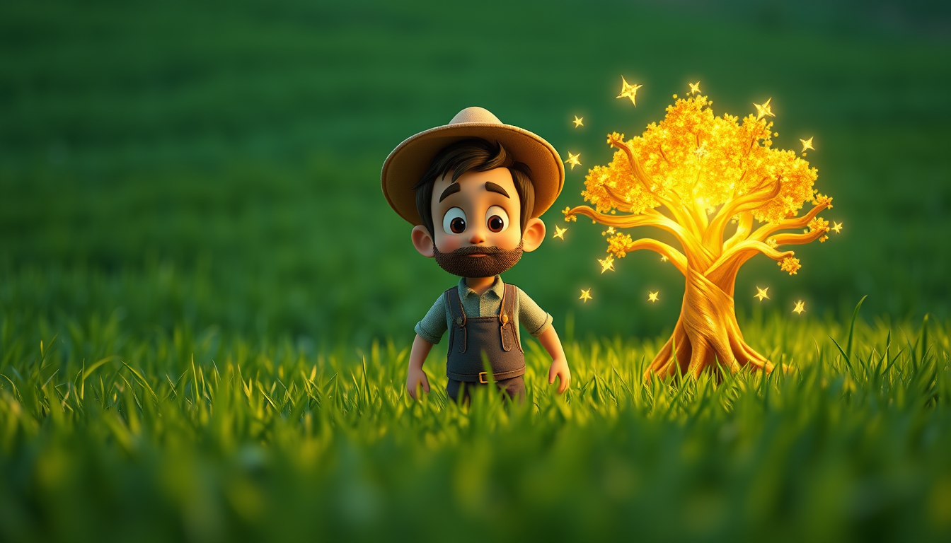 YouTube Profile Picture idea: a square channel icon designed to remain recognizable inside a small circular crop, deliberate composition, A poor friendly farmer standing in a green