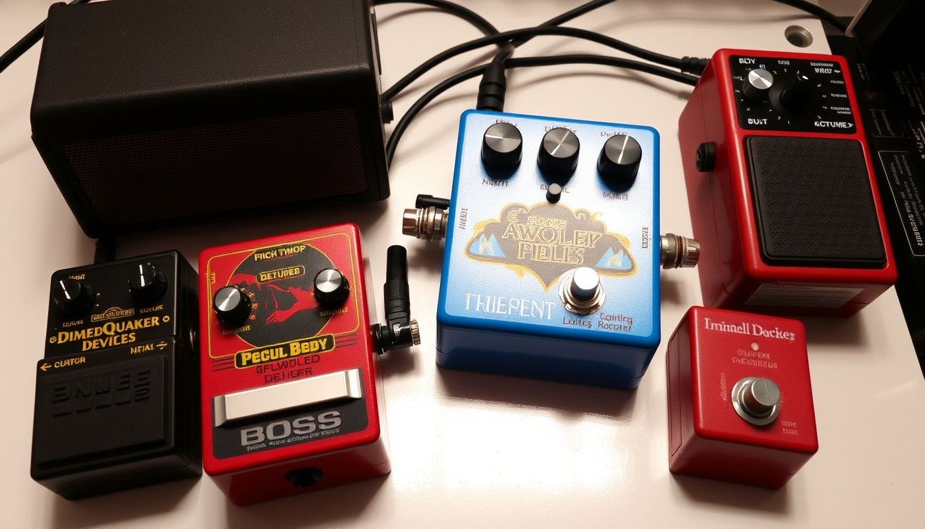 Main art studio: Swollen Pickle — fuzz MXR Flanger/Doubler — new blue pedal version, not the old rack unit; t EarthQuaker Devices Afterneath — reverb EarthQuaker Devic