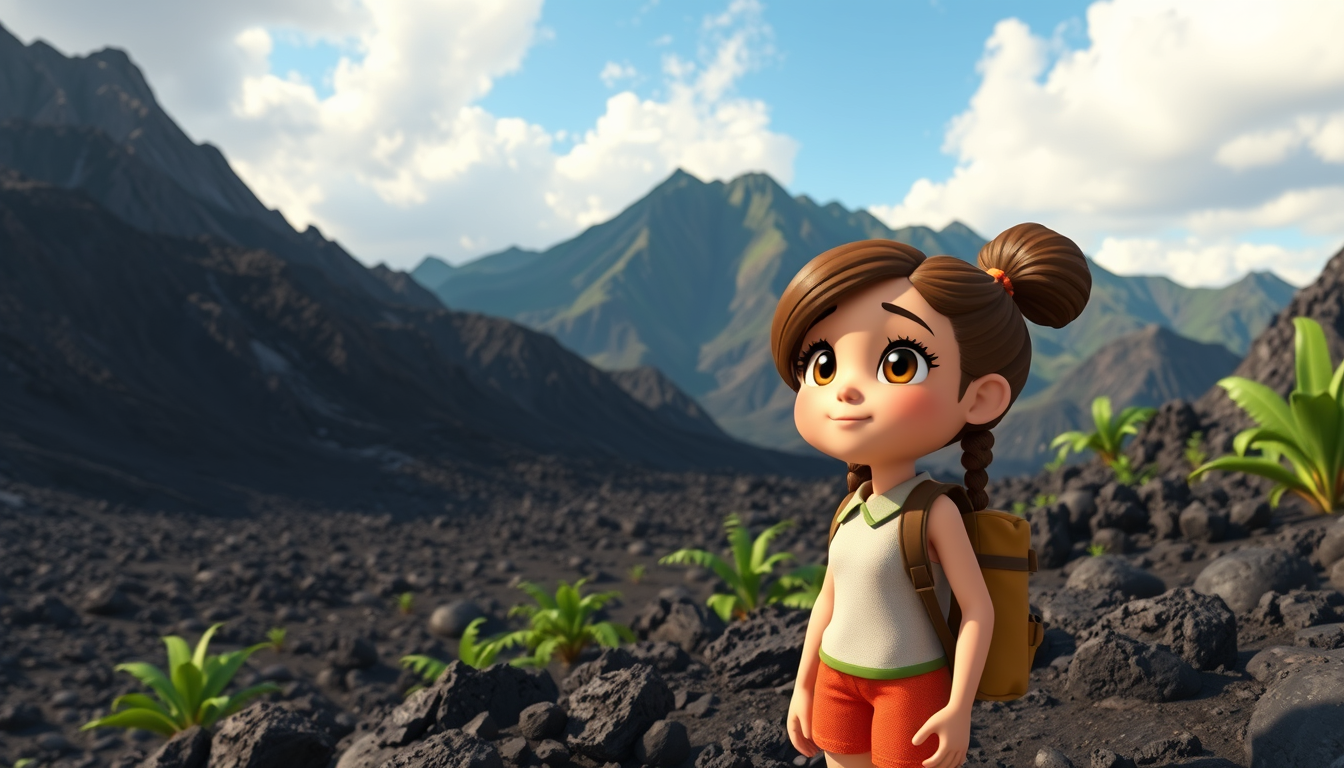 Main art studio: Scene 6: Chloe exploring a Hawaiian volcano landscape, dramatic mountains, black volcanic rocks, tropical scenery, cute 3D cartoon movie style. . She 