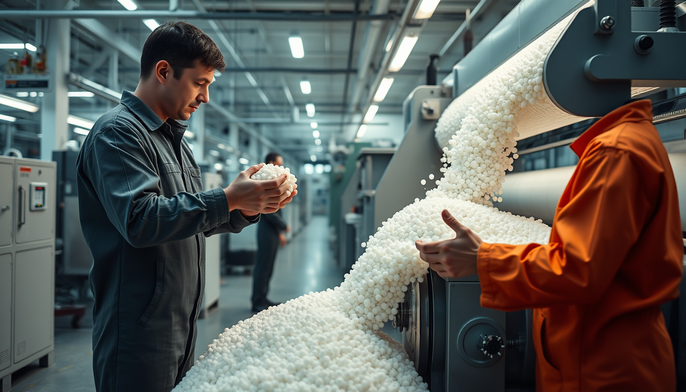 Main art studio: # Polyester Fabric — Part 1 Show a modern textile factory preparing polyester raw materials. Workers handle small plastic PET resin pellets and load t
