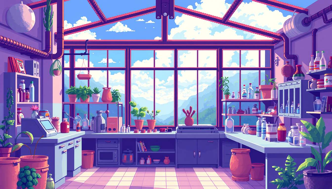 AI Pixel Art idea created from the prompt: pixel art, 32x32 sprite scale, limited palette, retro 16-bit game art, casa laboratorio estilo pokemon gba vista desde el aire , crisp pixel