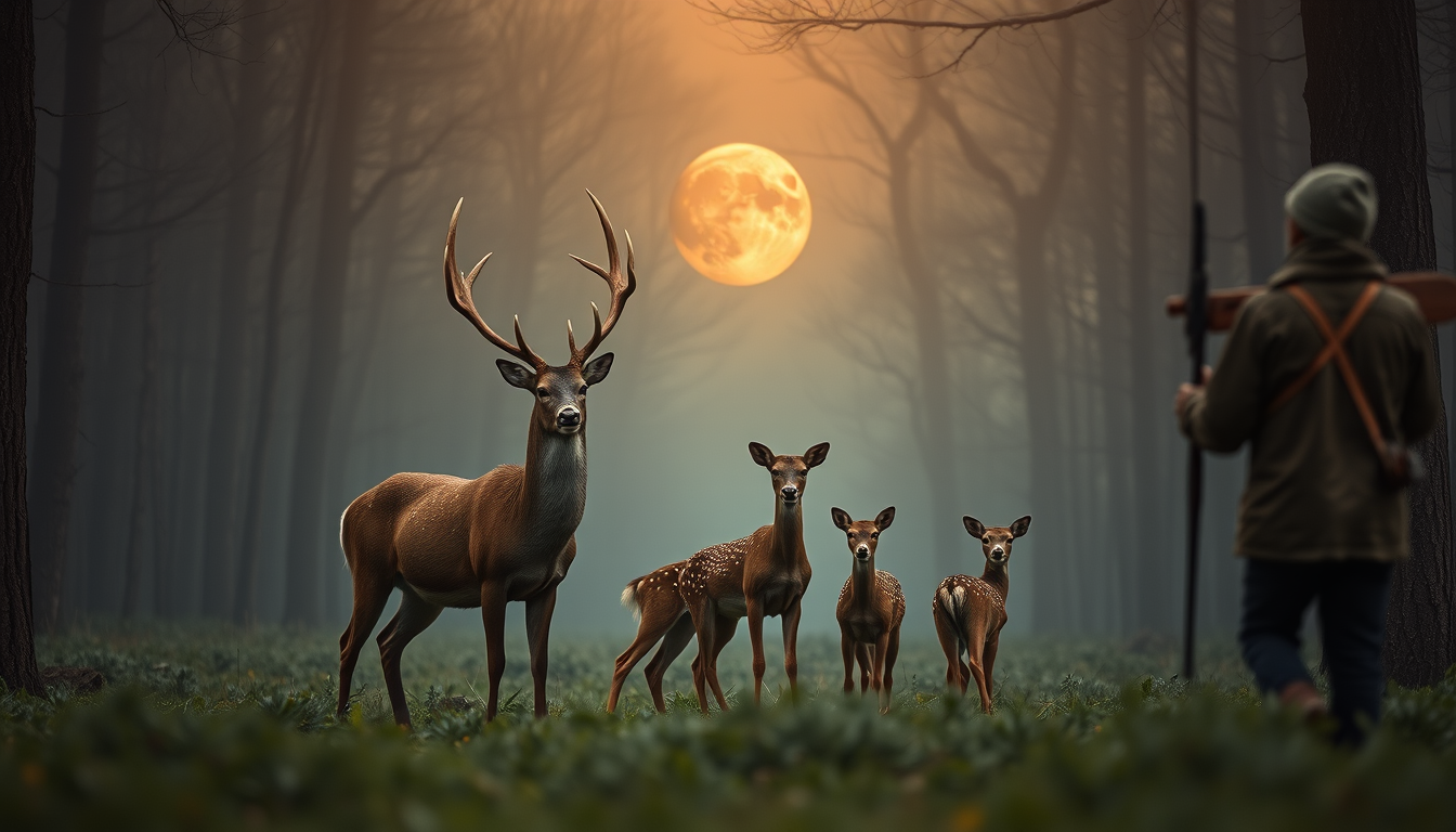 Main art studio: Prompt: A group of noble deer (a stag, two hinds, and fawns) standing fearlessly together before a hunter in a forest, peaceful and emotional atmosphe