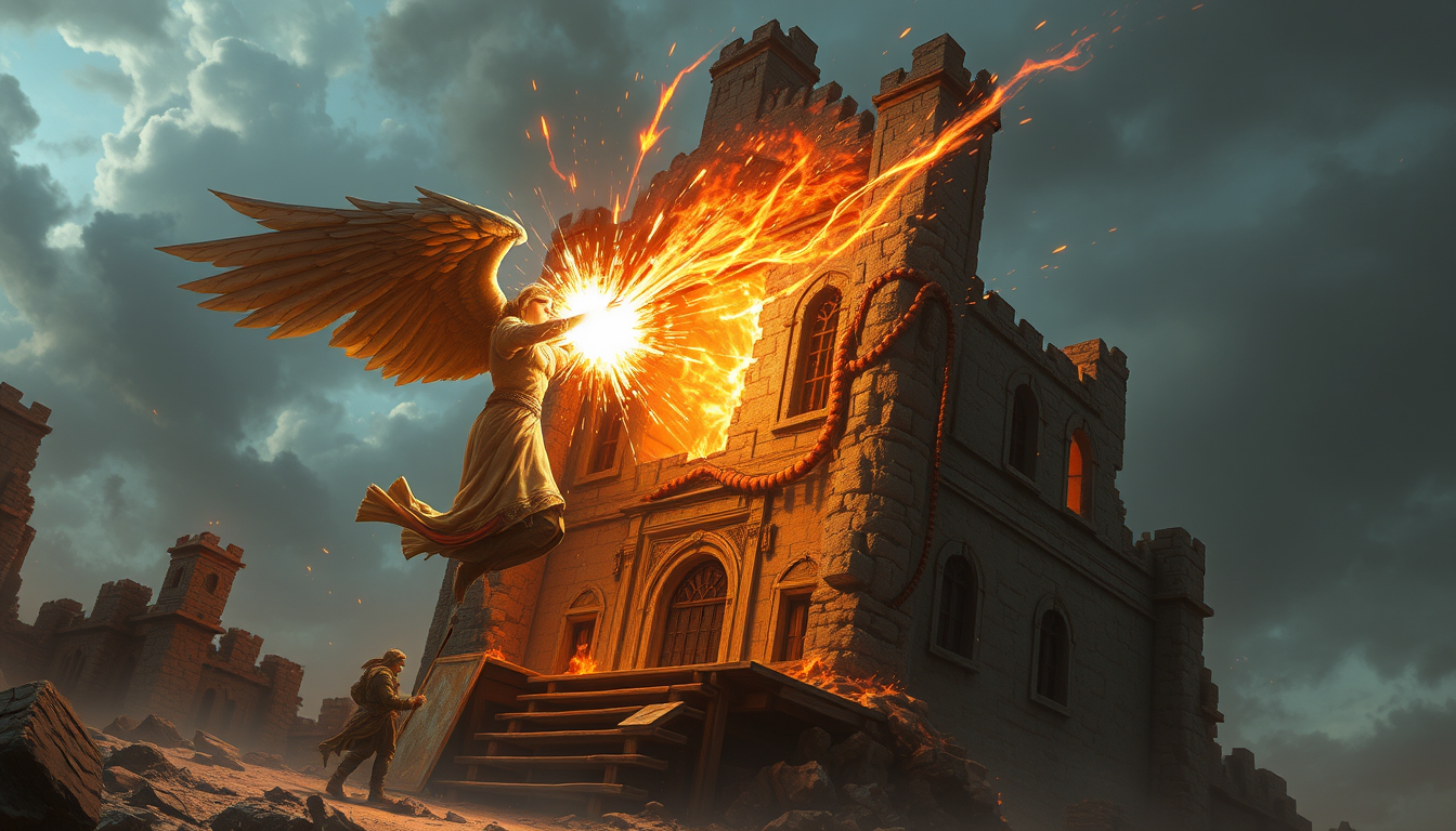 Main art studio: Angel blasting a ruined building with magic