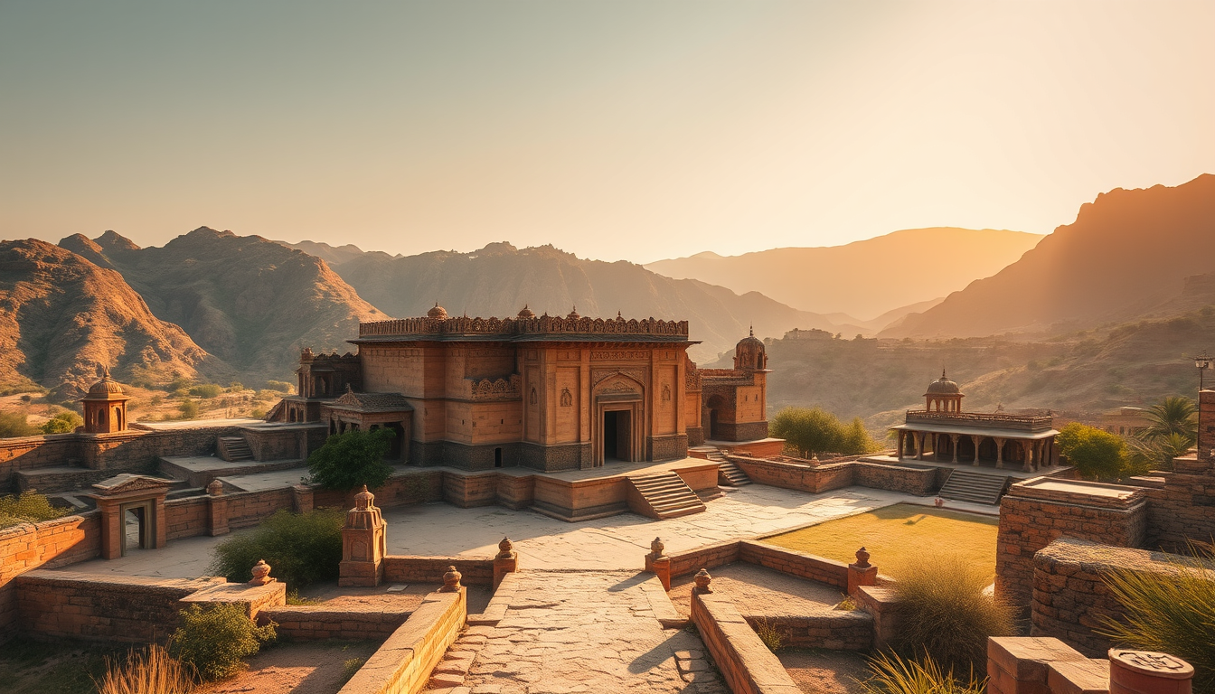Main art studio: A dramatic wide establishing shot of the real Bhangarh Fort, Rajasthan, ancient sandstone palace ruins, old temples and rugged Aravalli mountains, gol