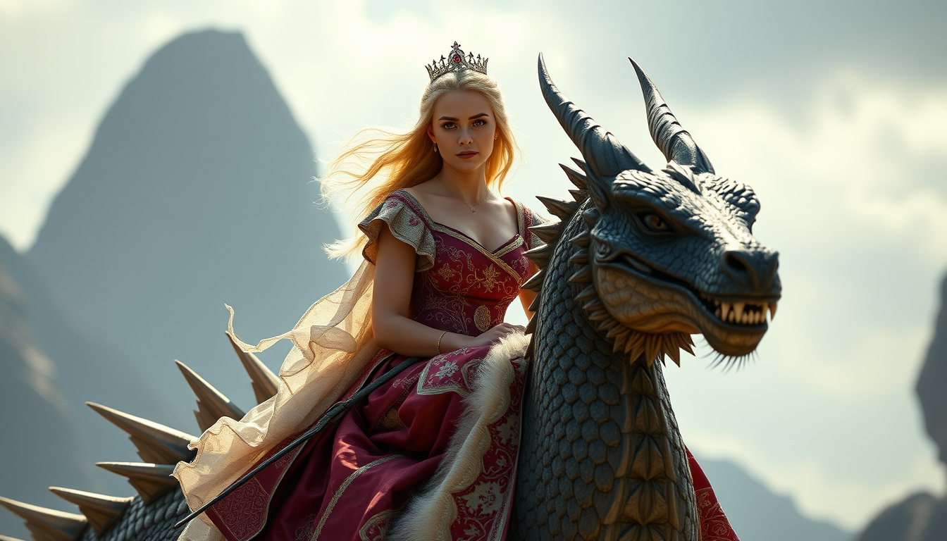 Main art studio: Alice Weidel strahlend sitzend auf ramiras Drachen, house of dragon mit offenem Haar und in den Sachen der Königin ramira staffel 3 folge 8