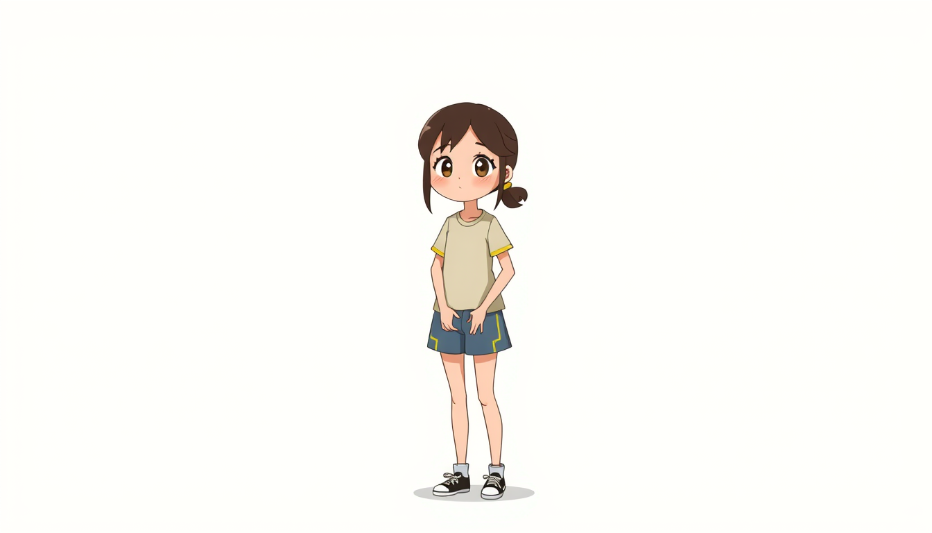 Main art studio: “ONE girl only, full body, standing alone, no other people, no background characters, teenage girl, slightly forgetful and funny, friendly expression,