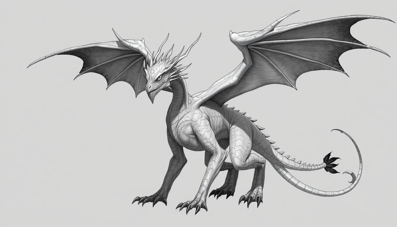 Creatures idea: original fantasy creature concept, imaginative anatomy, detailed texture, Einen drachen, der weiße federn und sechs flügel hat, mit einer langen schna