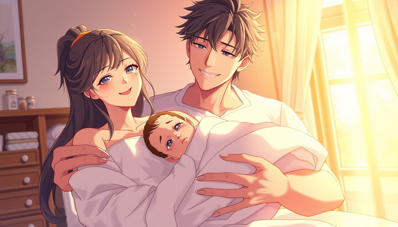 Anime idea: anime style, vibrant colors, expressive eyes, Newborn MC is reborn in a new fantasy world, lying safely in his mother's arms in a warm bedroom, wrappe