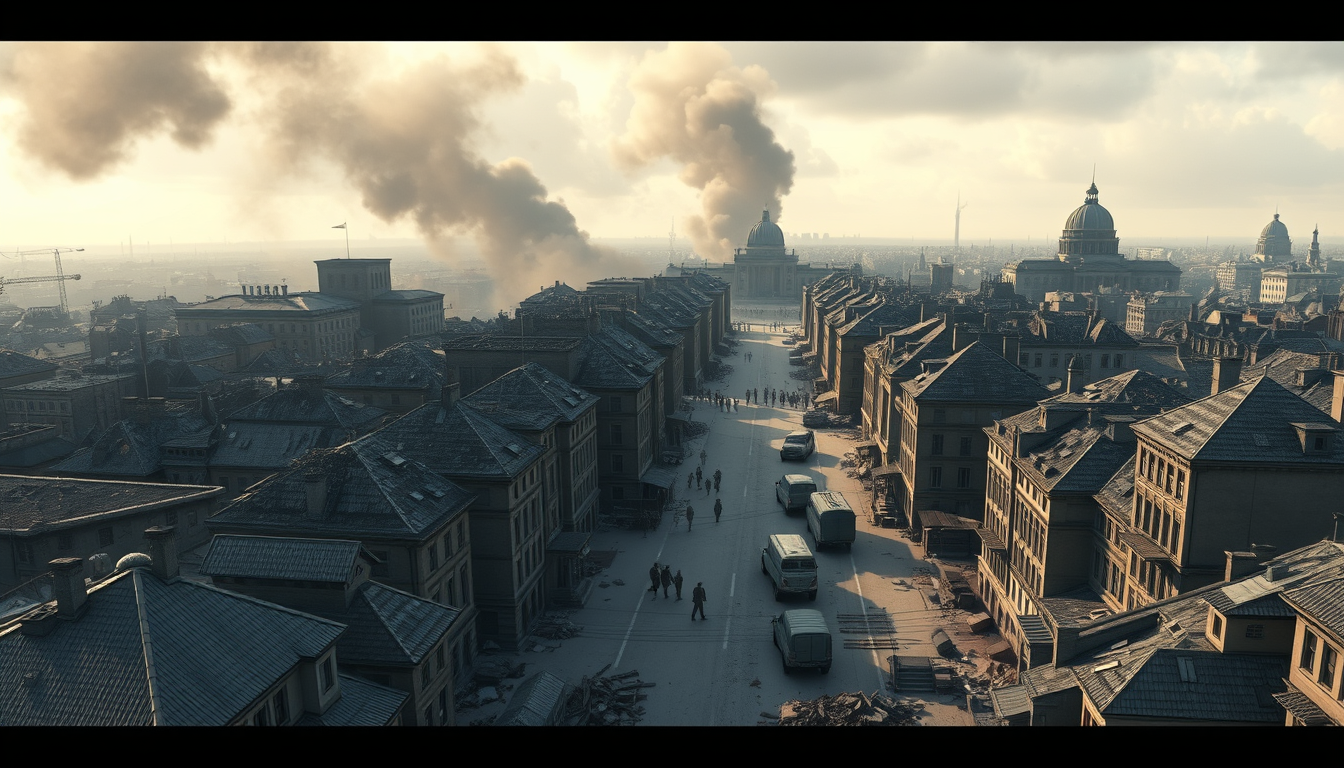 Main art studio: Wide panoramic cinematic 3D animated view of Berlin immediately after the Battle of Berlin, May 1945, blocks of damaged apartment buildings, collapsed
