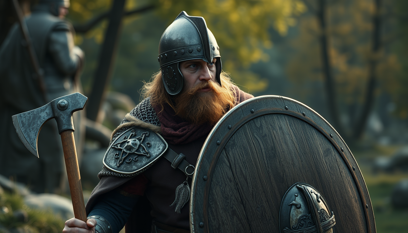 Realistic AI Image idea created from the prompt: photorealistic generated image, natural materials and skin texture, physically plausible lighting, I am looking for a pagan Anglo-Saxon warr