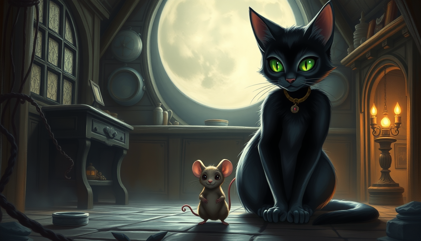 Main art studio: "A beautiful elegant female catgirl named Luna, silver-black fur, intelligent emerald eyes, sitting confidently in an old moonlit house. A small male