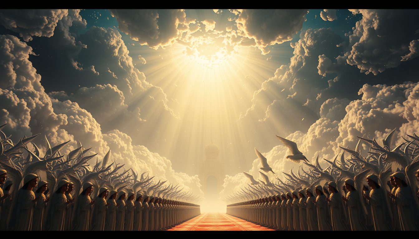Main art studio: Majestic heavens filled with countless angels standing respectfully in rows, powerful rays of divine light descending from above, no depiction of Alla