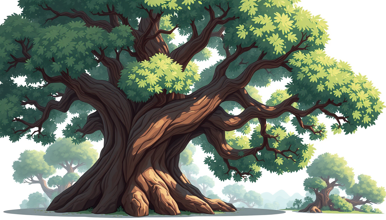 Game Asset idea created from the prompt: 2D game asset, clean isolated object, consistent art style, Árbol grande de bosque fantástico para un videojuego 2D de acción y aventura, es