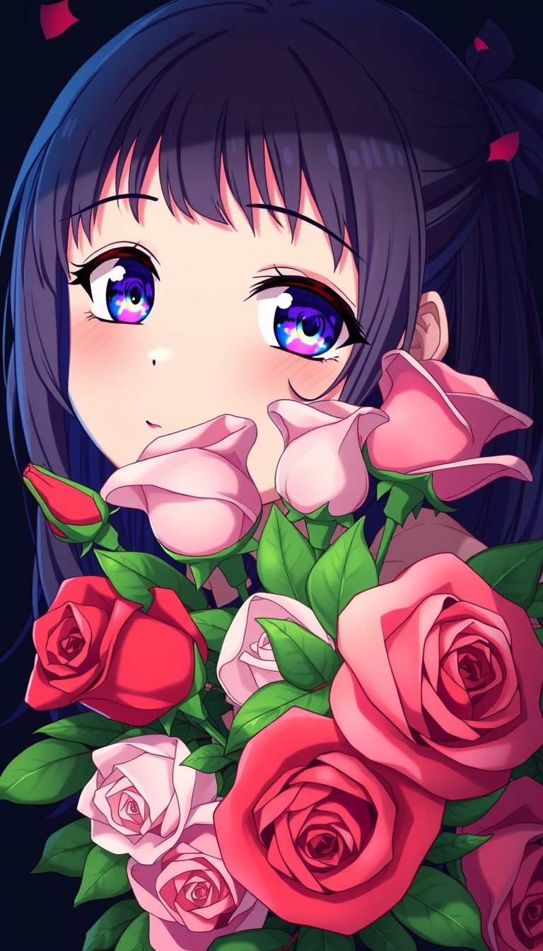 Anime idea: anime style, vibrant colors, expressive eyes, Bunch of roses in dark background , detailed anime illustration