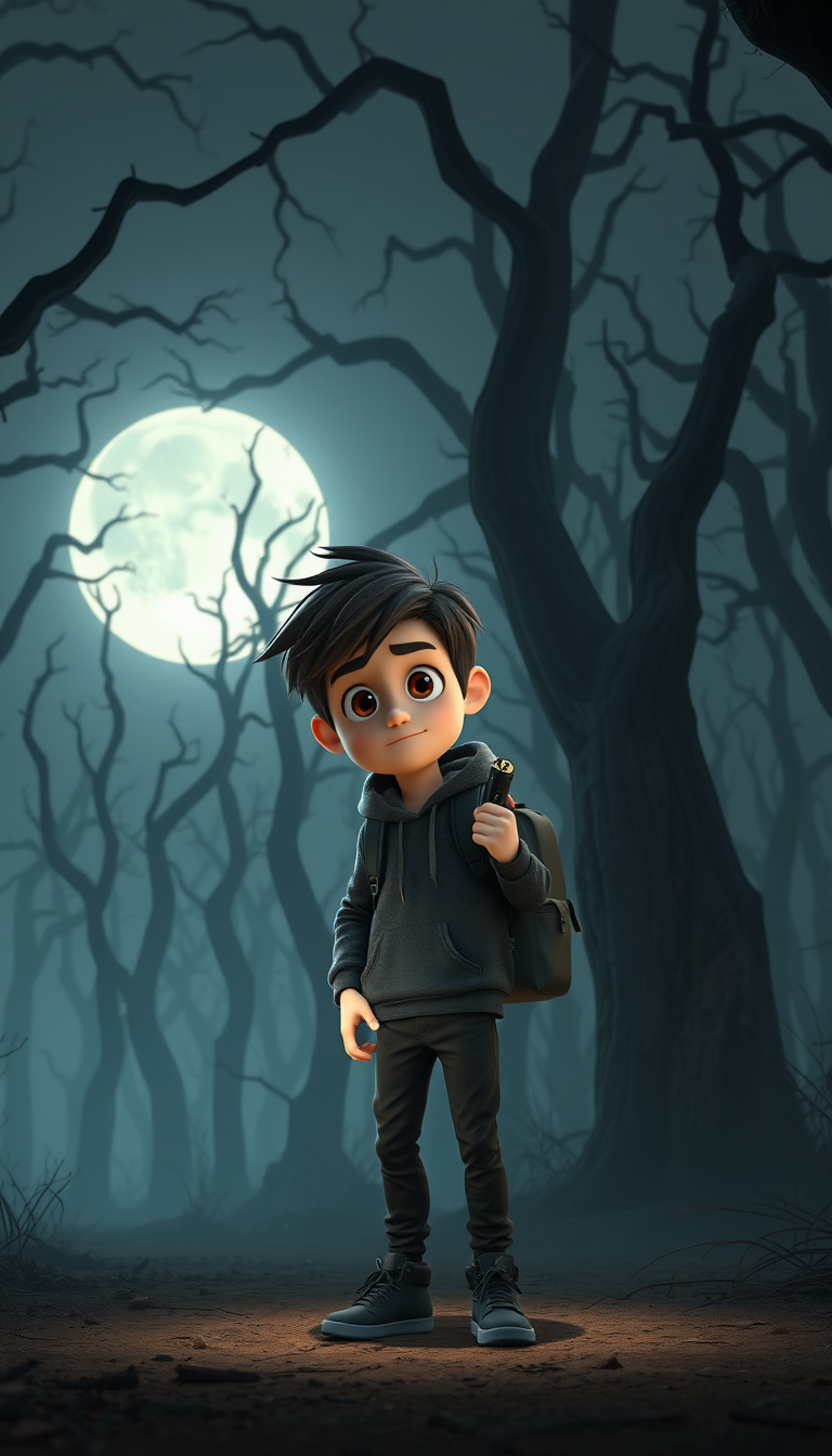 Main art studio: Vertical 9:16, cinematic 3D cartoon horror scene. A 24-year-old young man with messy dark brown hair, large brown eyes, wearing a dark gray hoodie, bl