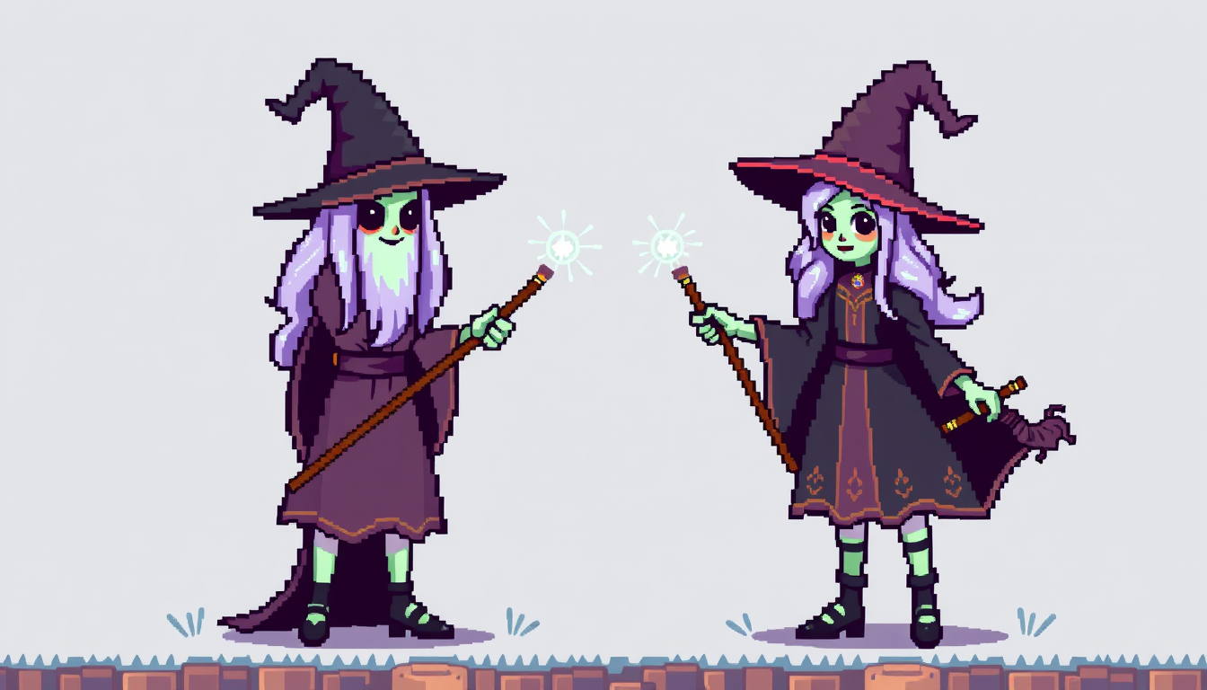 Sprites idea: pixel art game sprite, clean pixel grid, retro 16-bit palette, fleur delacour witch magic.io game sprite sheet looking right , game-ready sprite sheet