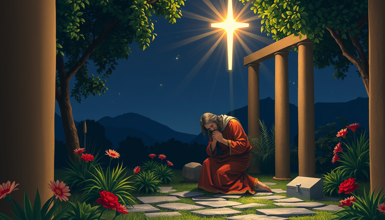 Main art studio: Garden of gethsemane with Jesus kneeling in pain. Happy colors, and clean, modern art, Jesus only in a he pictures at night