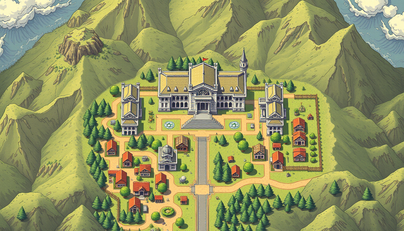 Fantasy Maps idea: fantasy world map, hand-drawn cartography, aged parchment, mountains forests and coastlines, Top-down 16-bit pixel art Pokémon-style town on a strict