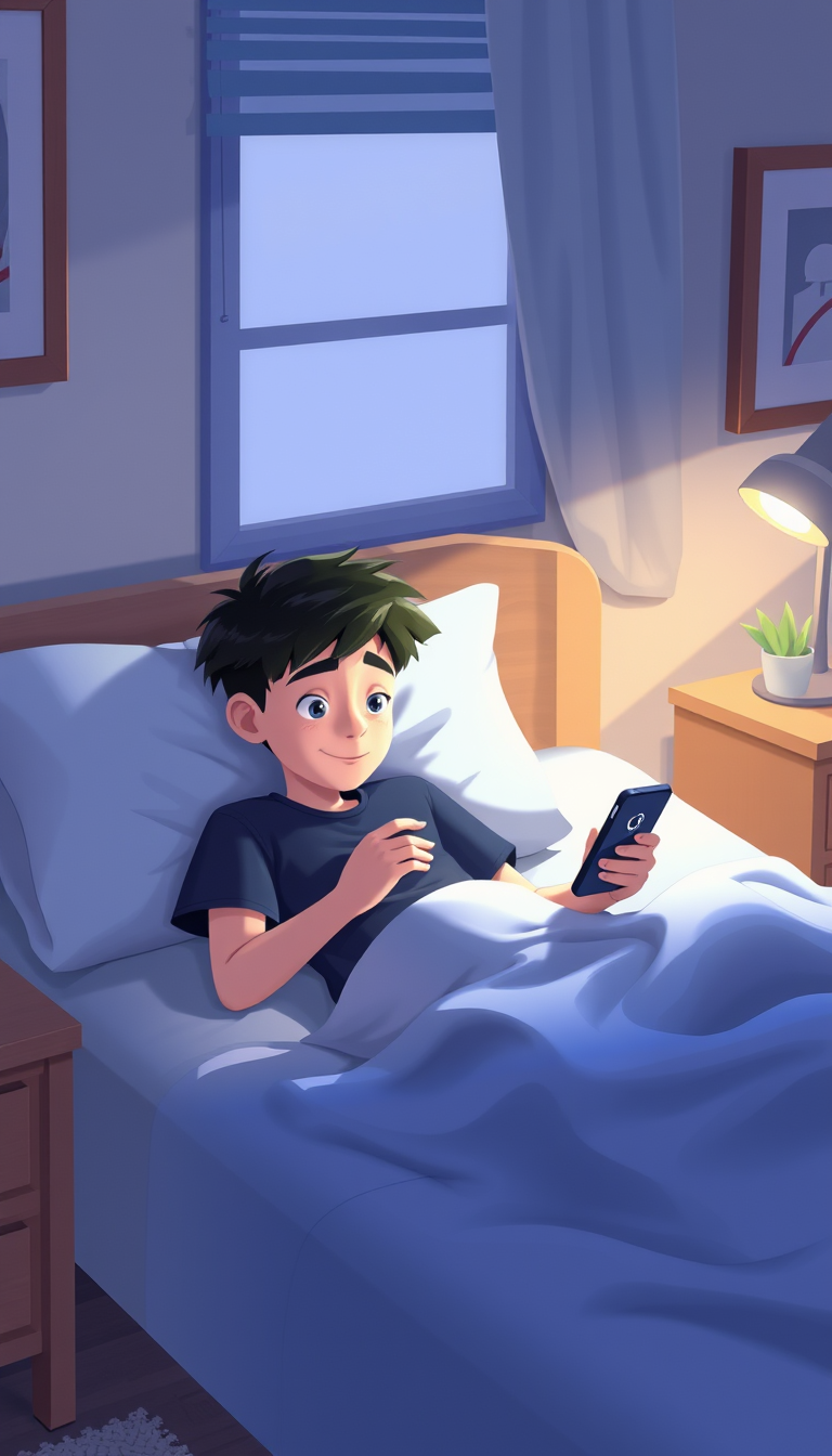 Main art studio: A boy is laying on his bed while he's scrolling through he's phone animated