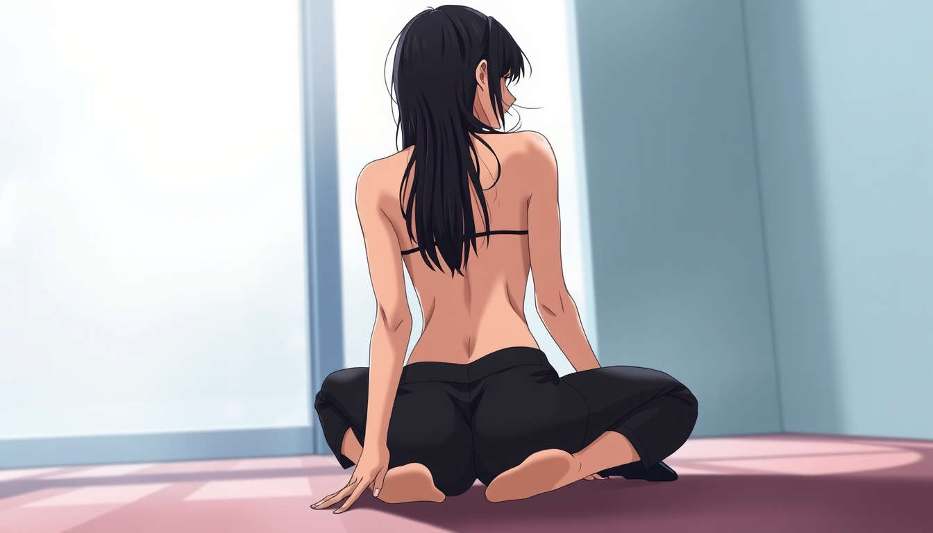 Main art studio: a anime women in her 20's wearing a black trouser and nothing on top part of body, she has black hair, i want a rier view from behind ass centered tow
