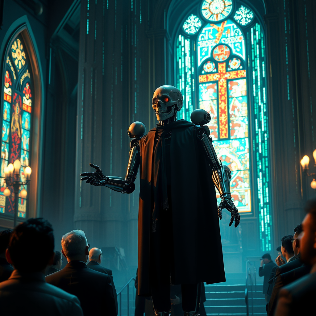 AI Art prompt example created from the prompt: a matrix like scene with a futuristic robot preacher in a church while people look on in horror