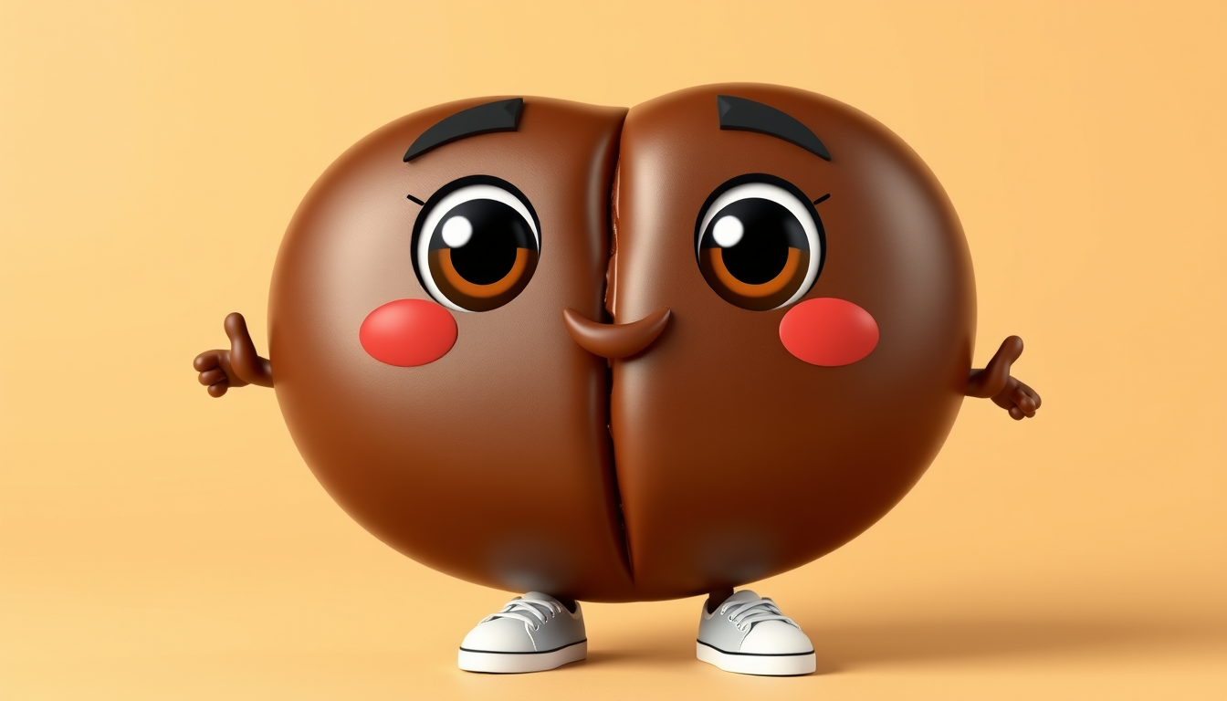 AI Art prompt example created from the prompt: A cute 3D cartoon COFFEE BEAN mascot, clearly shaped like a real roasted coffee bean, NOT a round ball. Its body is an oval kidney-shaped co